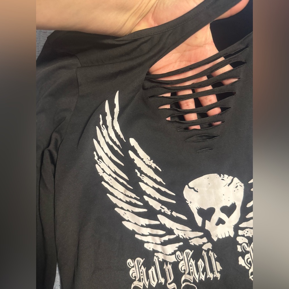 Black Graphic Skull Wing Slashed Neck Top
